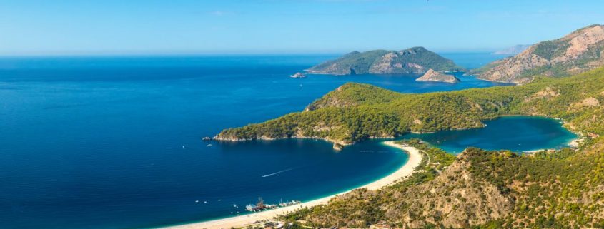 Summer view to Oludeniz lagoon beach landscape Fethiye Turkey